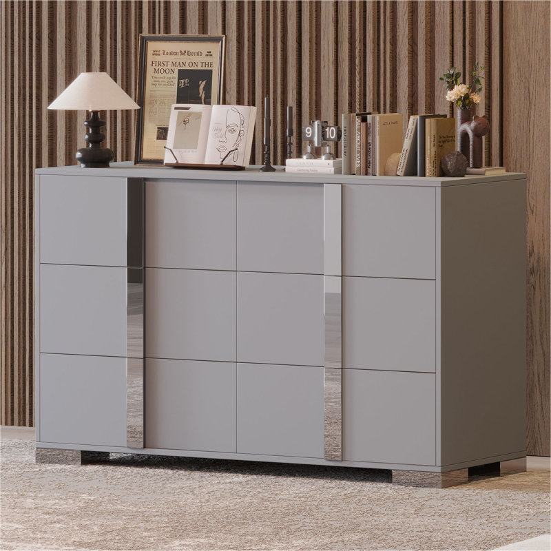 Elegant Modern Dresser With Metal Handle Mirrored Storage Cabinet With 6 Drawers For Bedroom Living Room Gray